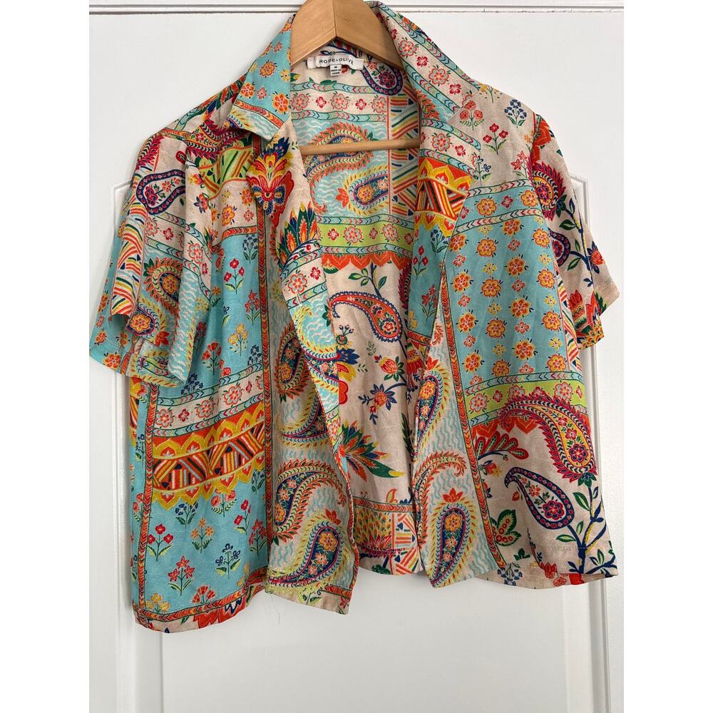 Rose & Olive boho paisley patchwork short-sleeve button-up blouse size medium
